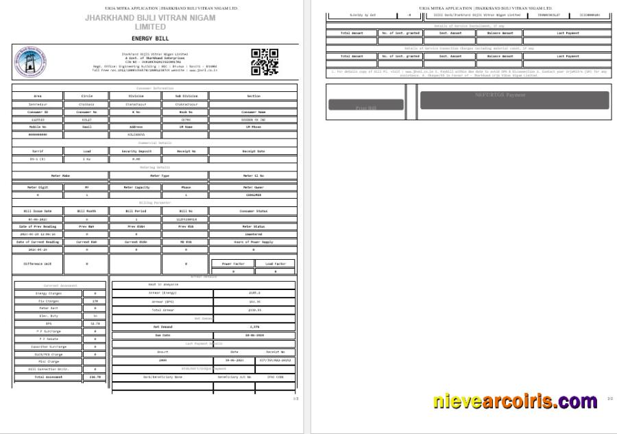 INDIA JHARKHAND BIJLI VITRAN NIGAM LTD. business utility bill